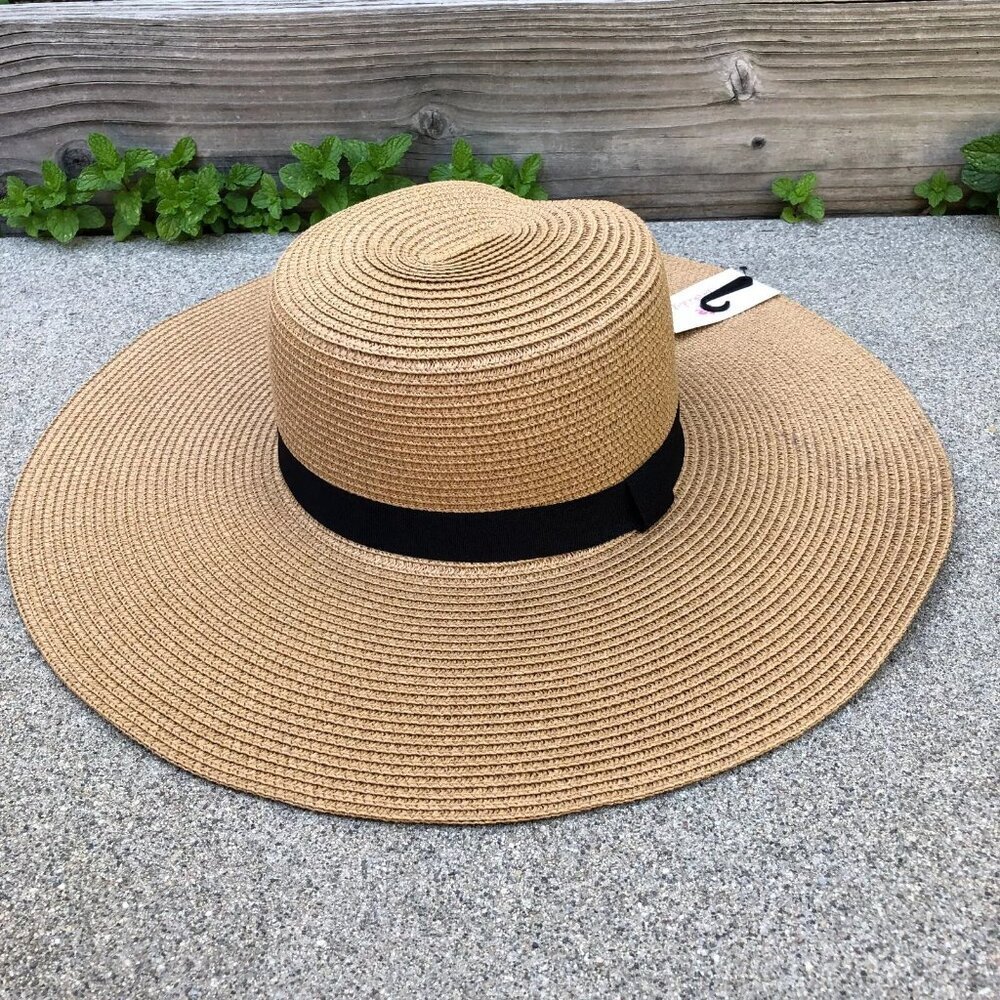 ORCHID LOVE Sun Hat Women's Floppy Woven Beige 100% Paper 7 1/4 Wide Brim Cap​​